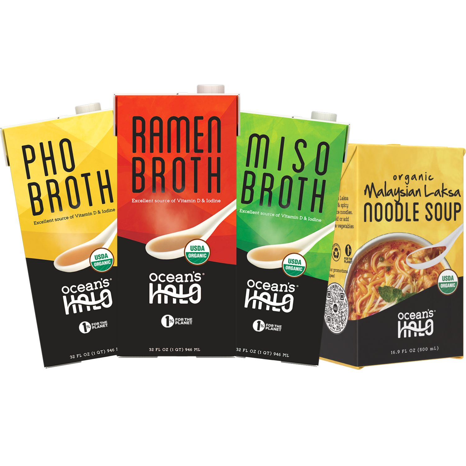 Four cartons of organic broths: Pho, Ramen, Miso, and Malaysian Laksa noodle soup, each highlighting nutritional benefits.