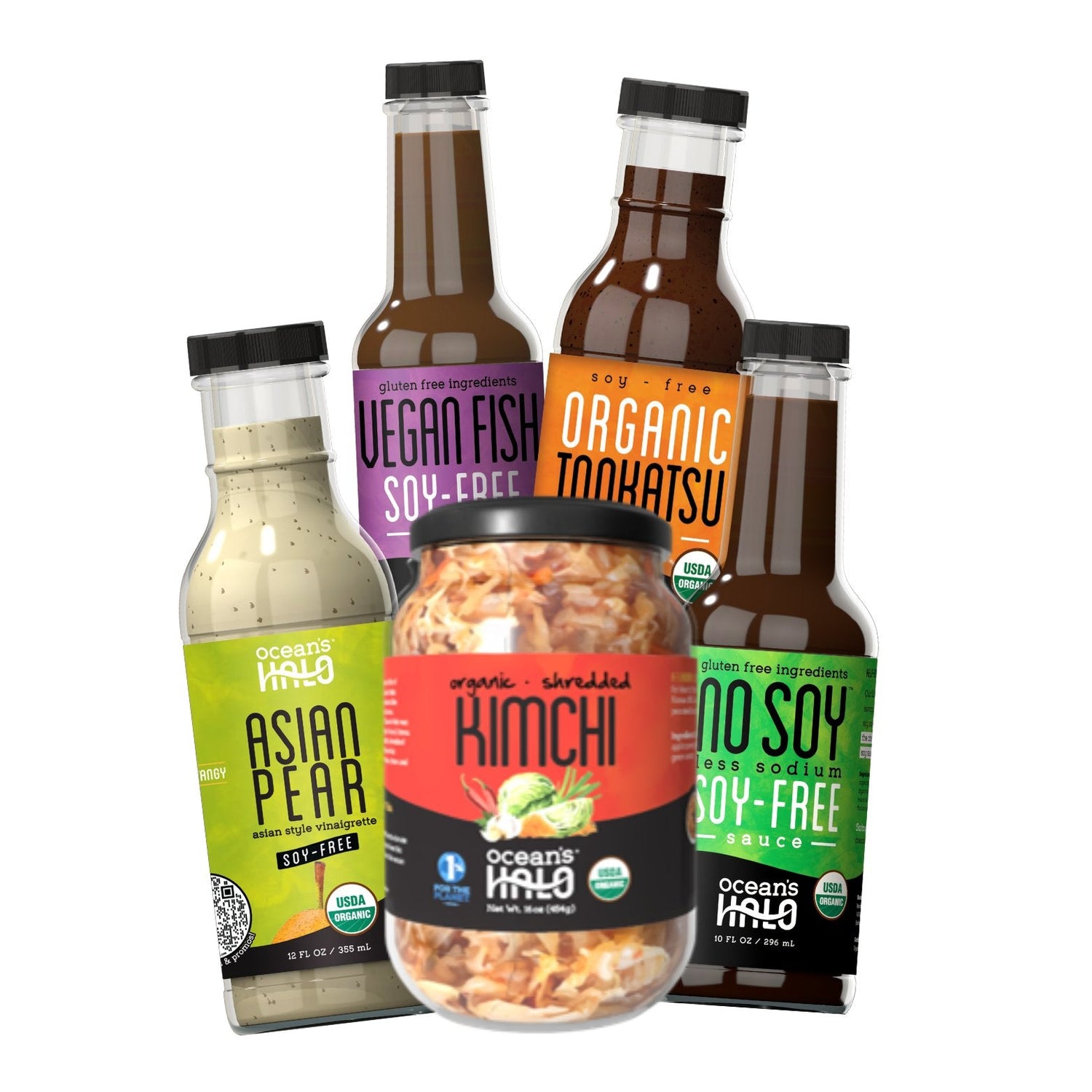 Five bottles of sauces and a jar of organic kimchi, showcasing vegan and gluten-free options, prominently labeled with their flavors.