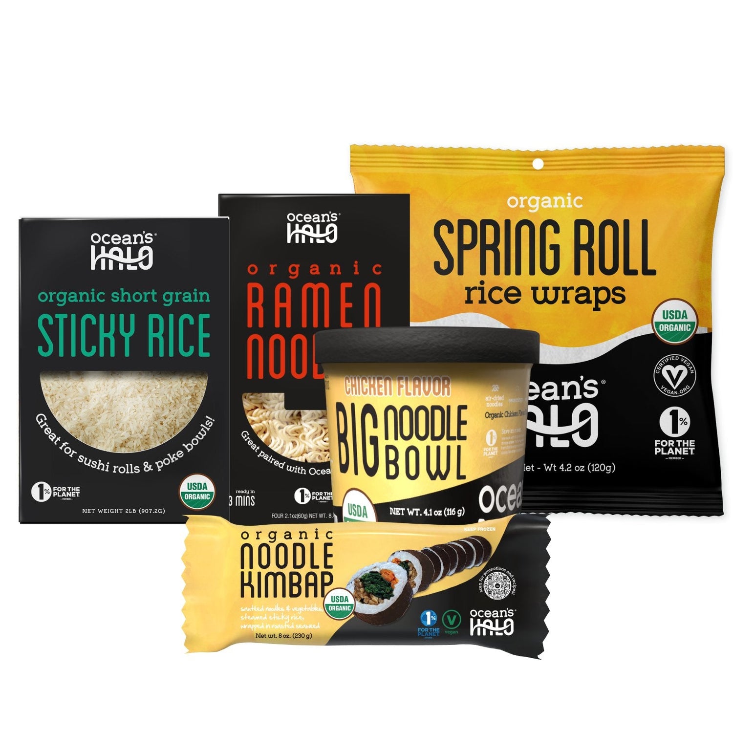 A selection of Ocean's Halo organic products, including sticky rice, ramen noodles, spring roll wraps, and chicken-flavored noodle bowl.
