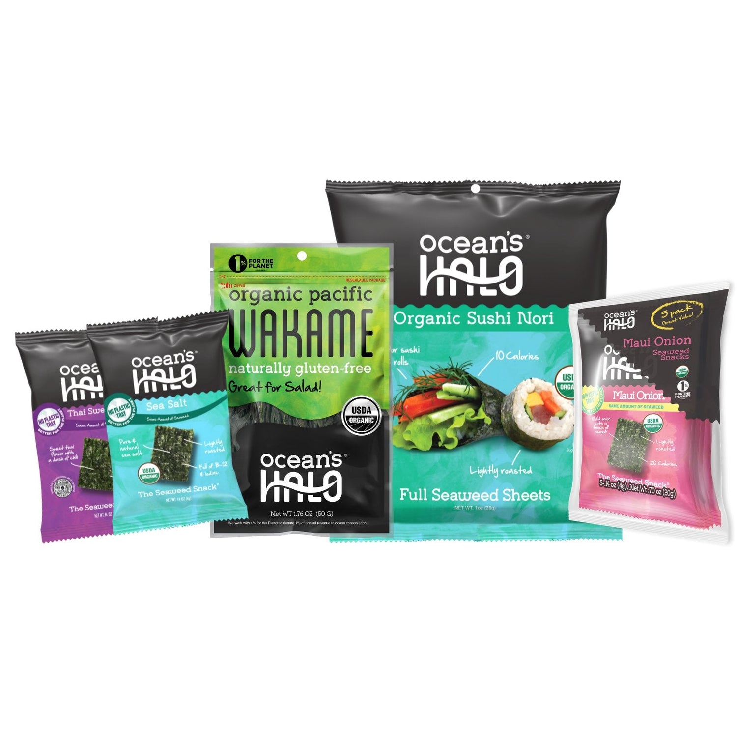 Various packages of organic seaweed products from Ocean's Halo, including sushi nori, wakame, and flavored snacks.